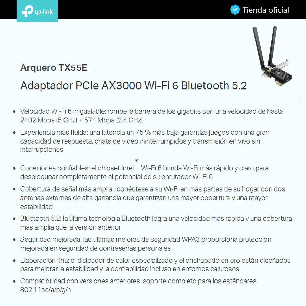 Tp-link, Tarjeta Pcie Wifi 6 Ax3000 + Bt 5.2, Archer Tx55e