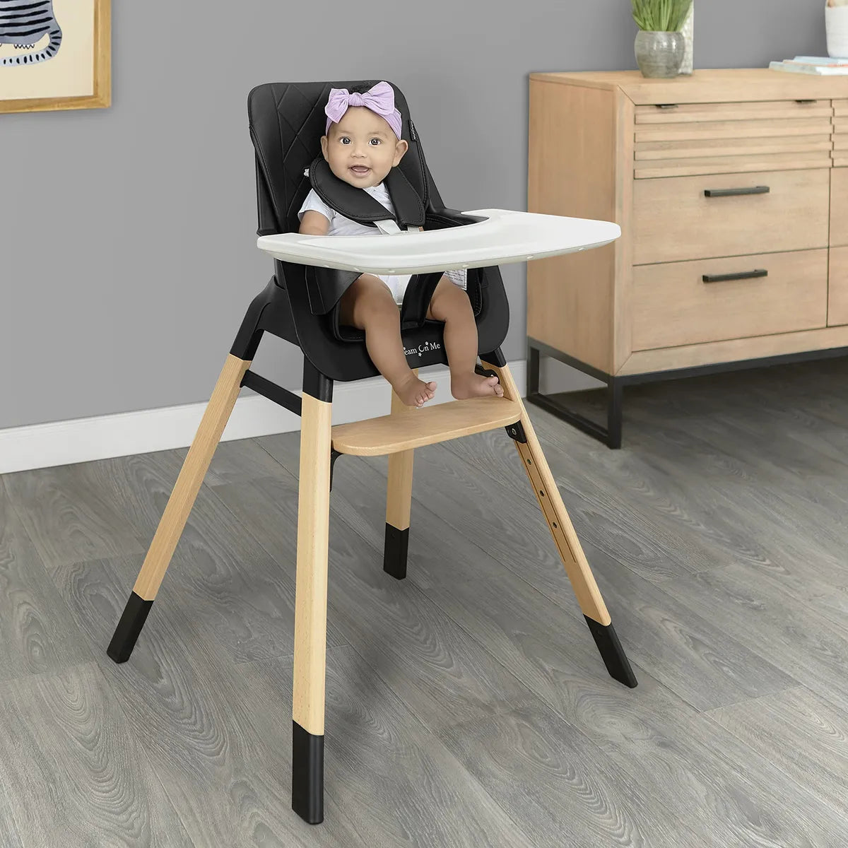 Silla Alta Compacta De Madera Negra Portátil Con Bandeja Aju