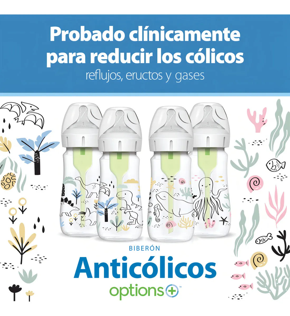 Tetero Dr Brown Boca Ancha 9 Oz Nivel 1 Decorado Dinosaurio Color Verde Claro Dinosaurios