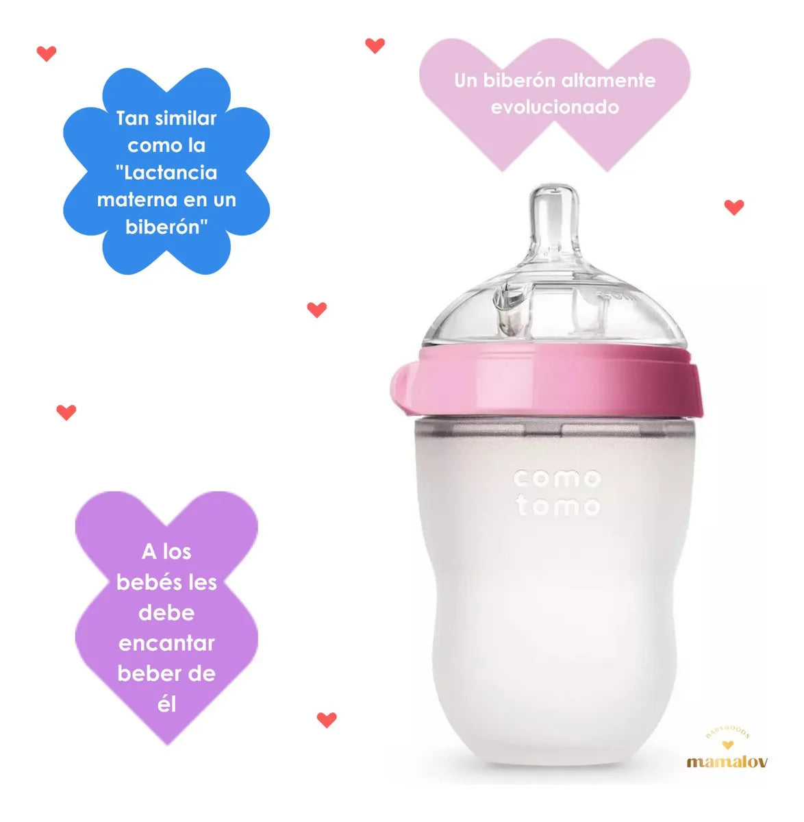 2 Biberónes Comotomo Cuello Ancho Fácil Limpieza 8oz Rosa
