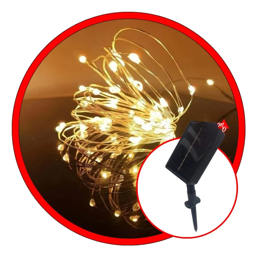 Alambre De Luz Led Navideña Recargable Con Panel Solar 100 Amarillo