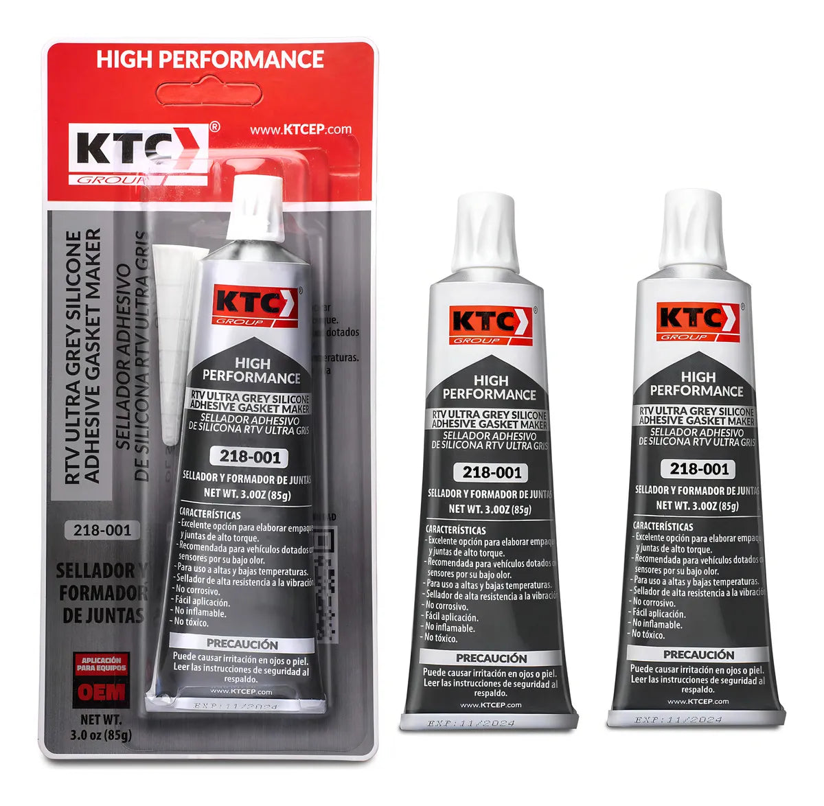 Set X3 Silicona RTV Ultra Grey 85Gr KTC, No Corrosivo, Resistente a 343°C, Ideal para Aplicaciones Mecánicas, Alta Durabilidad y Adhesión.