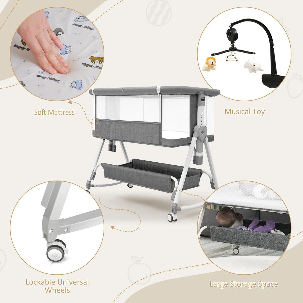 Moisés Para Bebé 3 En 1 Cuna Portátil Ajustable Gris