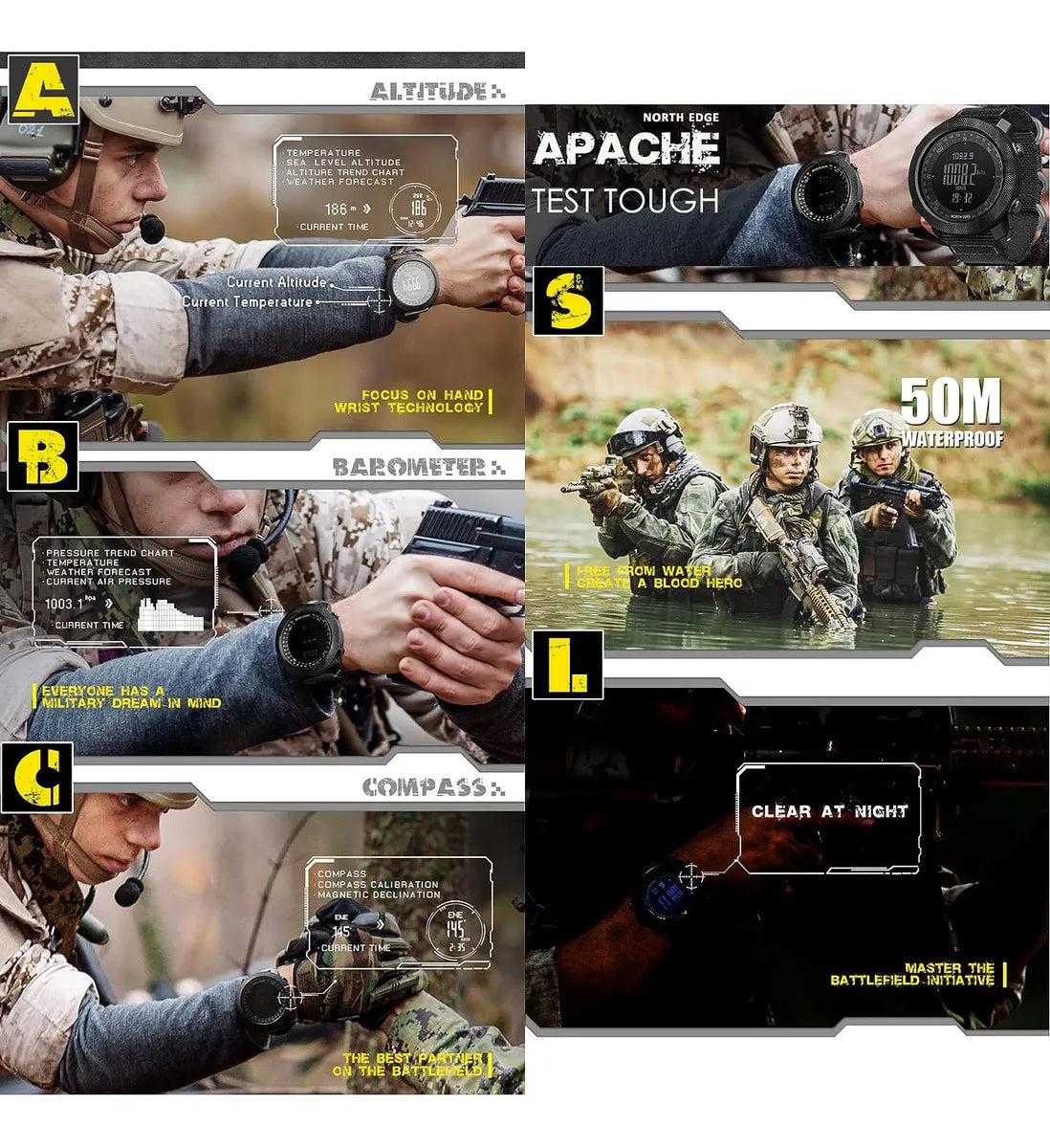 Reloj North Edge-apache Apache Sports Outdoors Digital .. Color de la correa Negro Color del bisel Metal Función Bise Color del fondo Negro