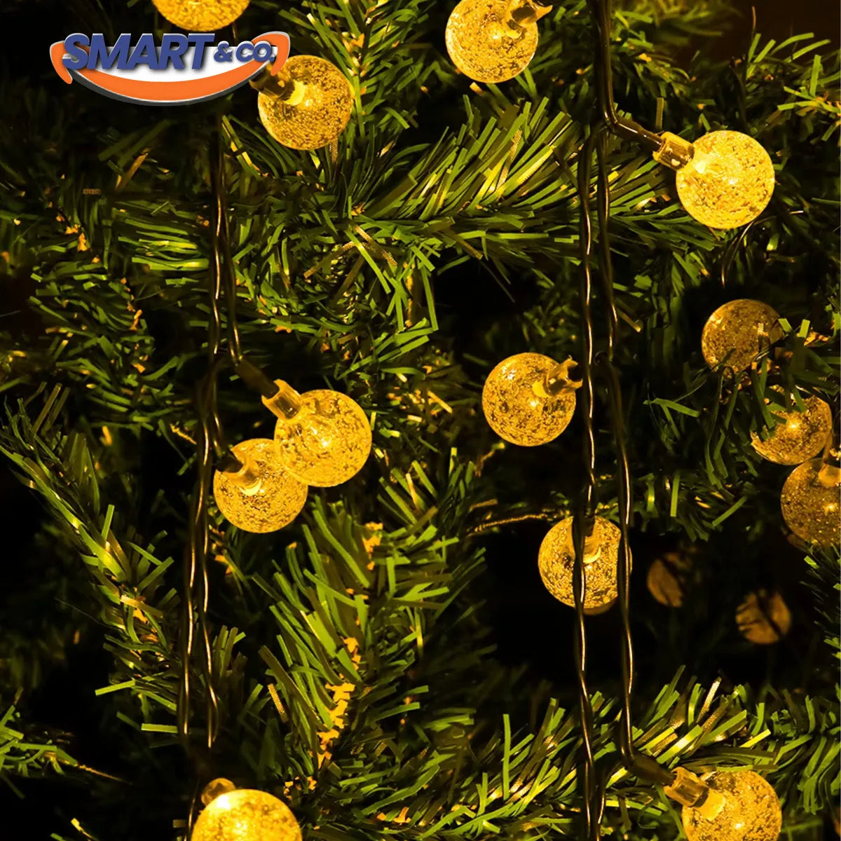 Luces Navideñas 50 Led Globos Solar Navidad Guirnalda 8 Modo Amarillo Cálido