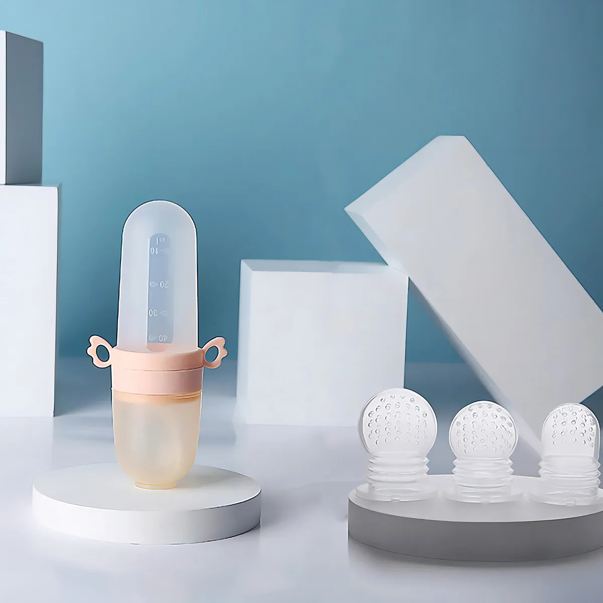 Biberón Tetero Dispensador Alimentos Bebés 40 Ml Uso Rosado Chupo 3 Tamaño Alimento + Cuchara Dispensar Ayuda Habilidades Control Sin Bpa Libre Bps Sin Ftalatos Silicona Grado Alimenticio Versátil