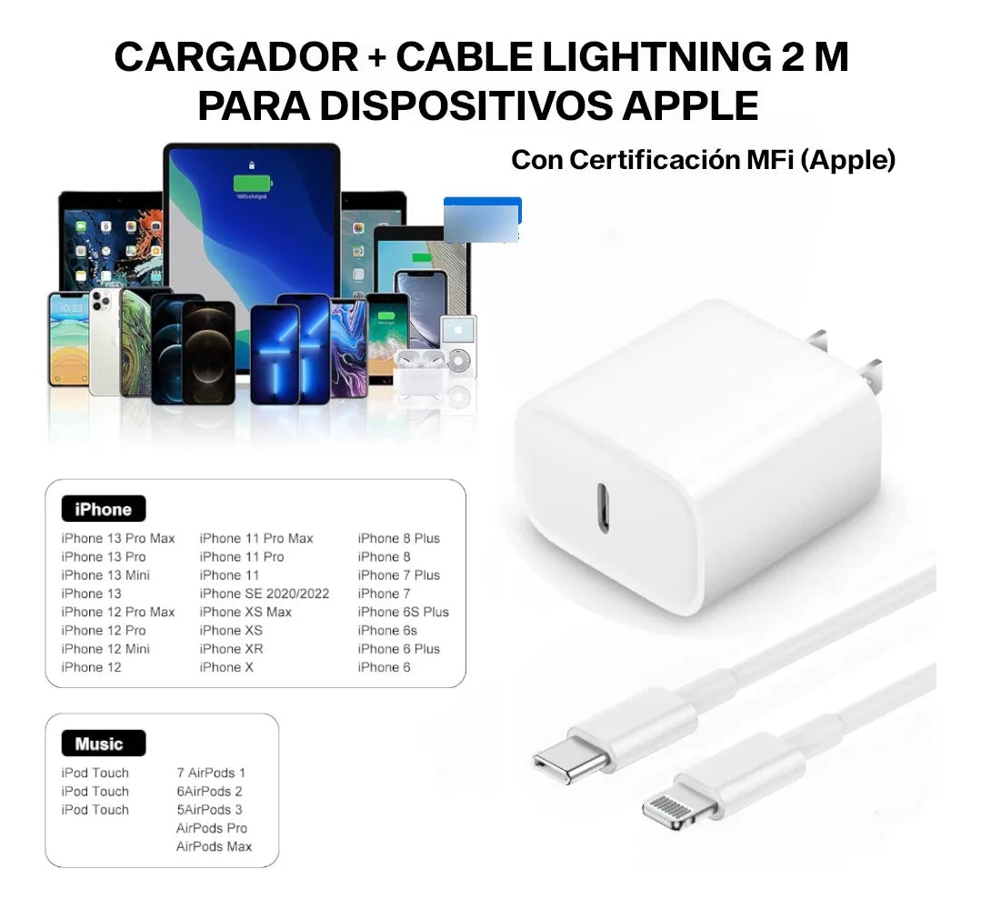 Cargador Certificado Para Iphone 2 Metros Carga Rapida 20 W Blanco