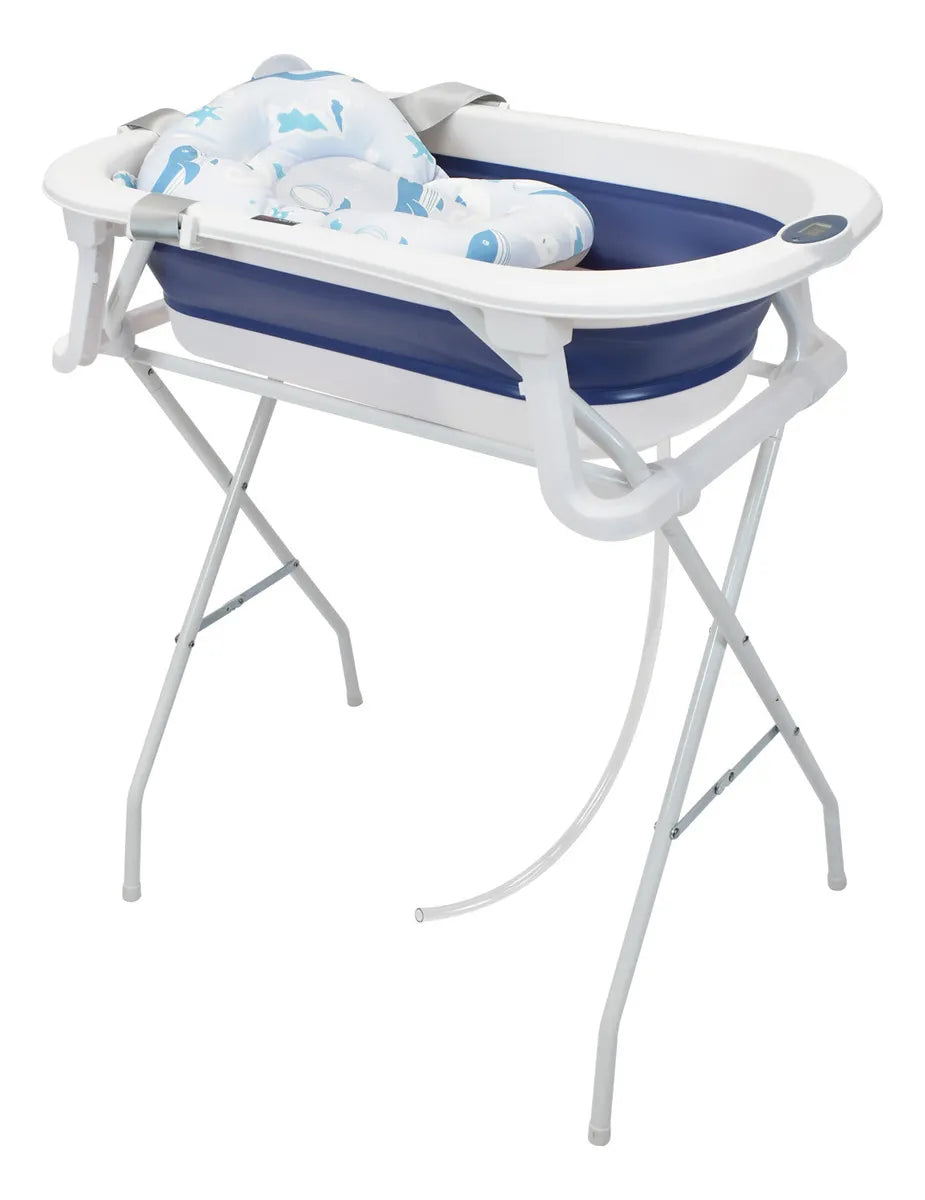 Bañera Plegable Con Soporte Y Cojín Stand Happy Baby Color Azul