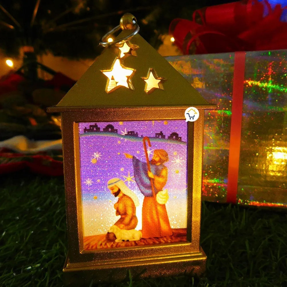 Pesebre Farol Cuadrado Vela Navideño Dorado Luz Led Zf045d