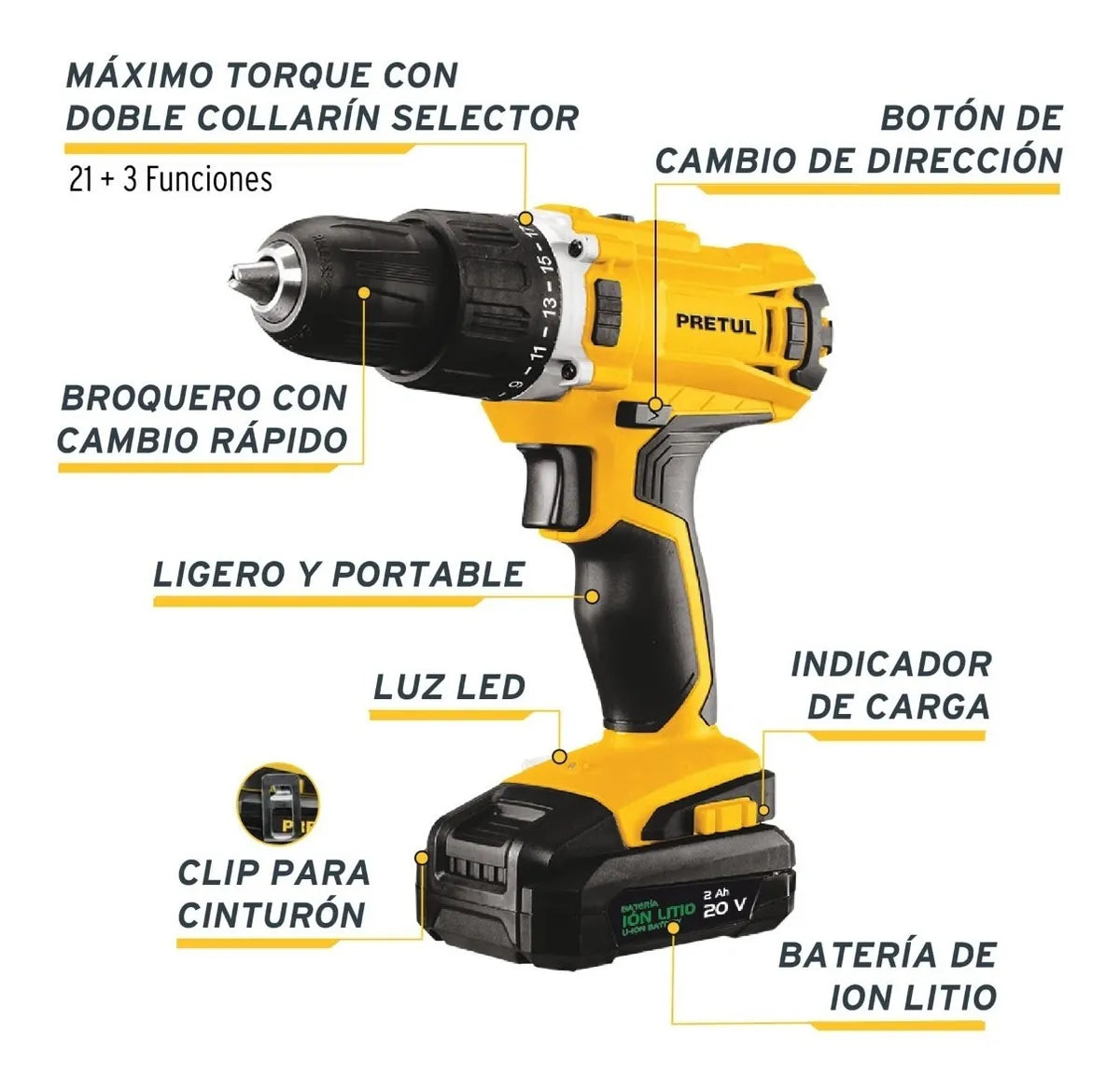 Taladro Inalámbrico Con Percutor 20v Mandril 1/2 Pretul Amarillo
