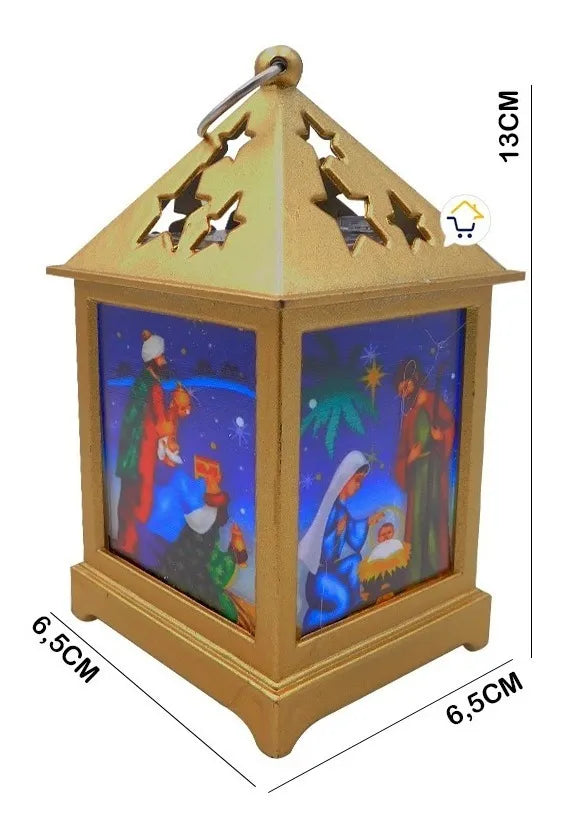 Pesebre Farol Cuadrado Vela Navideño Dorado Luz Led Zf045d