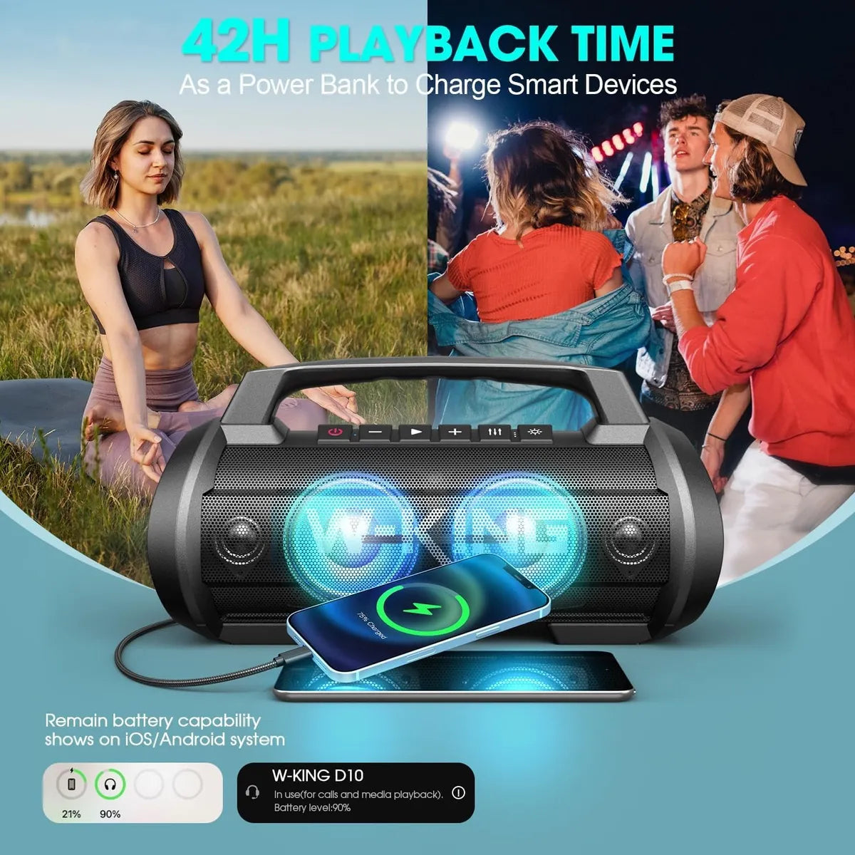 Parlante Portátil W-king D10 Bluetooth Ipx6 De 70w Rms Negro