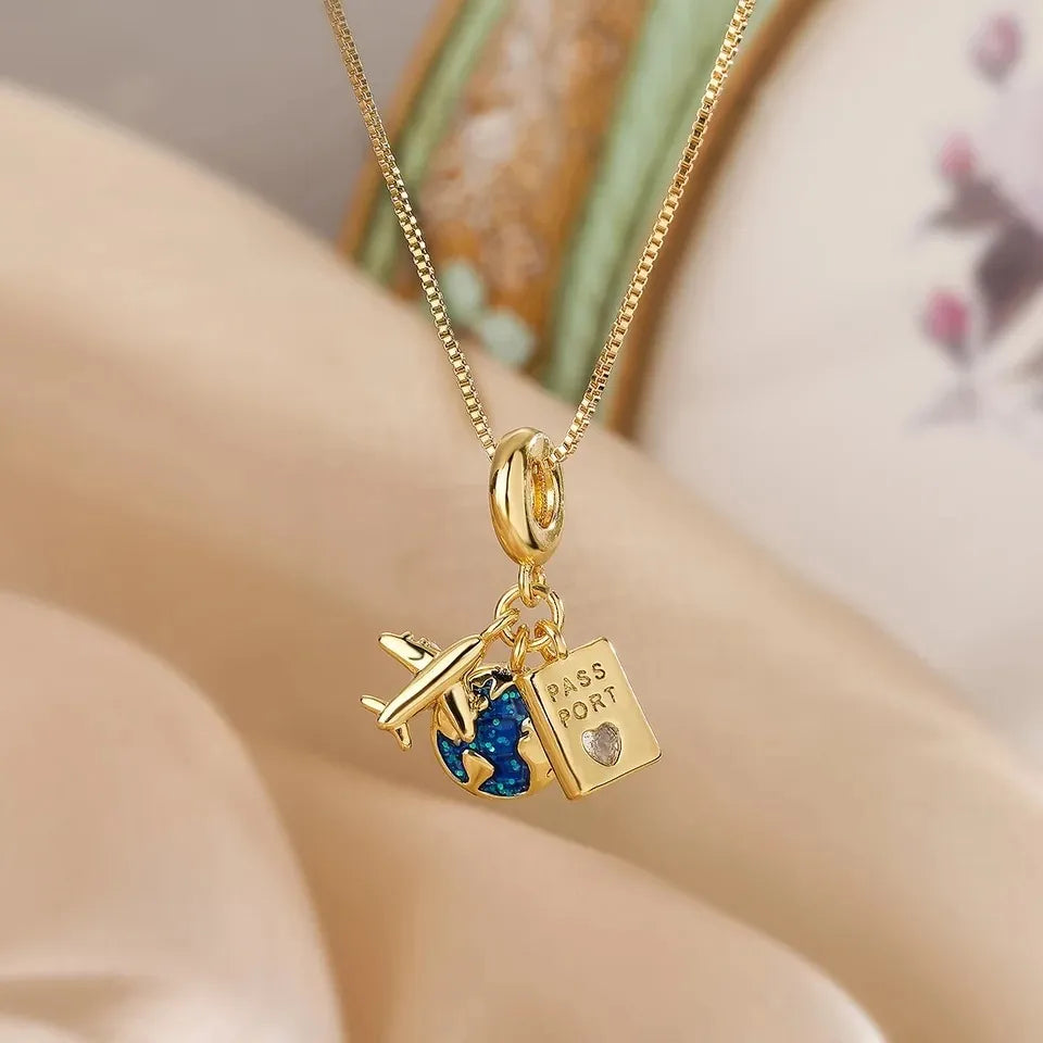 Collar De Viaje Mujer Regalo Avion Planeta - Dorado