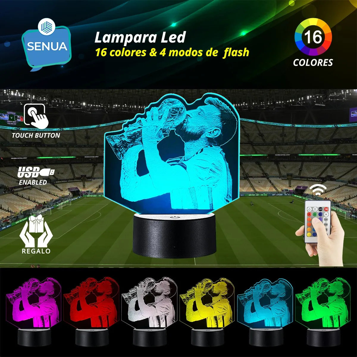 Lámpara De Noche Led Messi Mundial Fútbol Regalo Holograma Negra