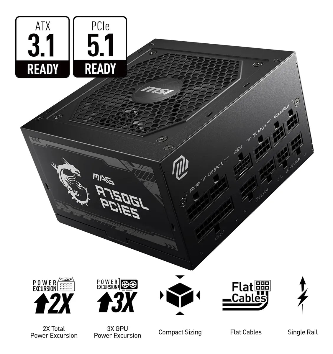 Fuente De Poder Msi Mag A750gl Pcie5 750w 80plusgold Fullmod Negro