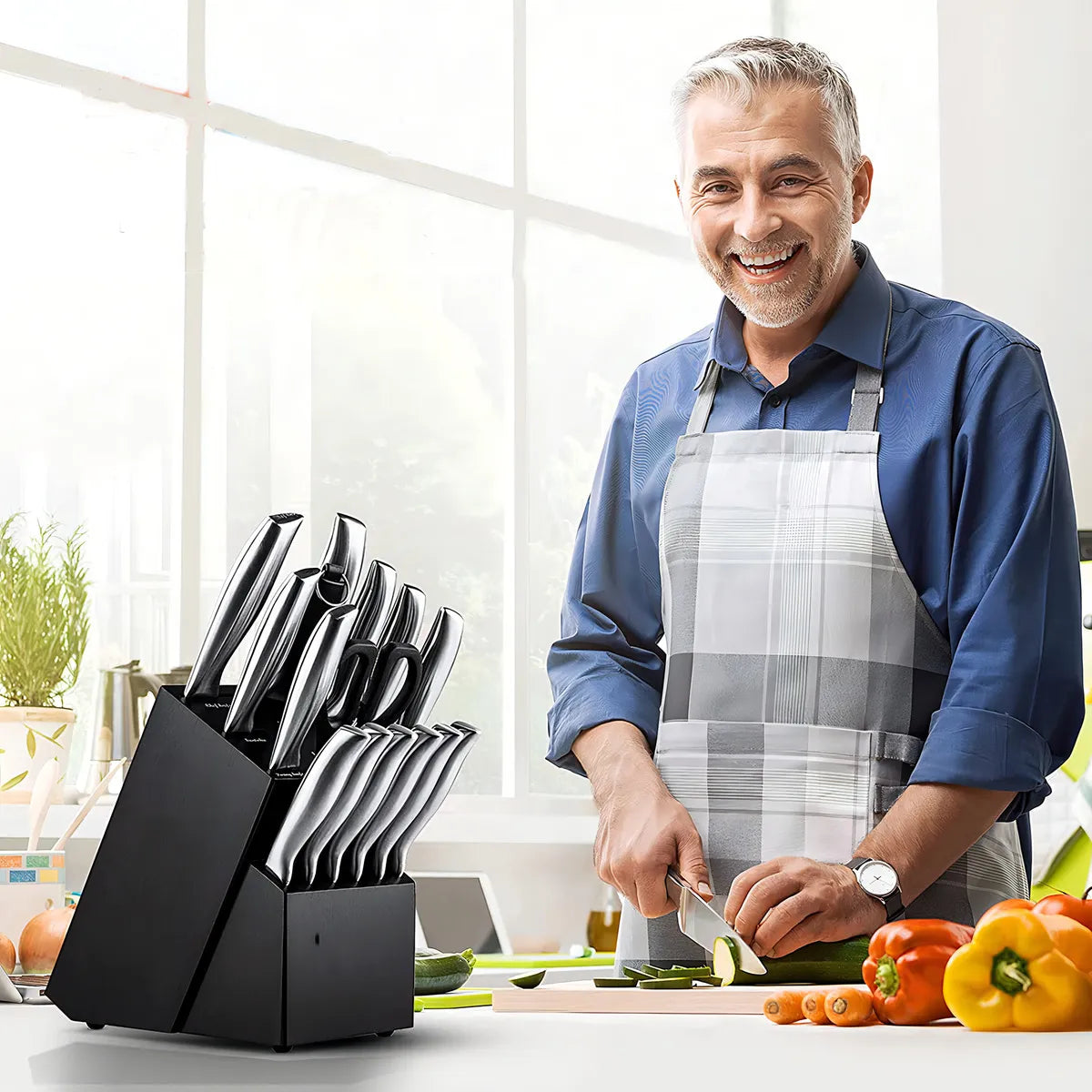Juego Cuchillos Cocina Set 15 Piezas Acero Quirúrgico Base De Madera Modernos Premium