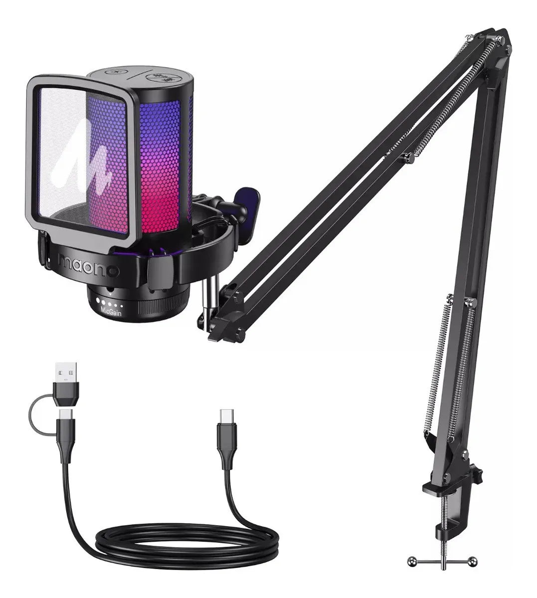 Micrófono Condensador Maono Con Cancelación De Ruido Y Soporte De Brazo Rgb Dgm20s Cardioide Para PC Y Celular Color Negro
