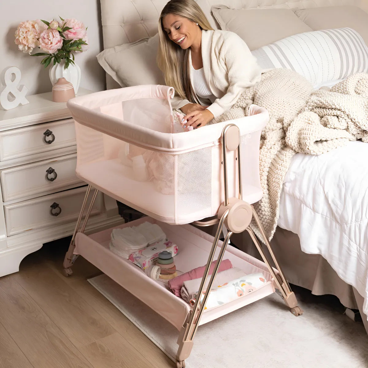 Cama De Noche Para Bebé Moisés Cuna Con Ajuste Y Ruedas Rosa
