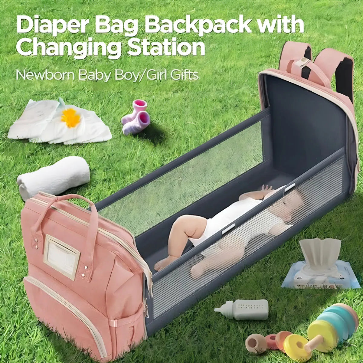 Pañalera morral tipo cuna con cambiador 3 en 1 puerto usb color rosa nube