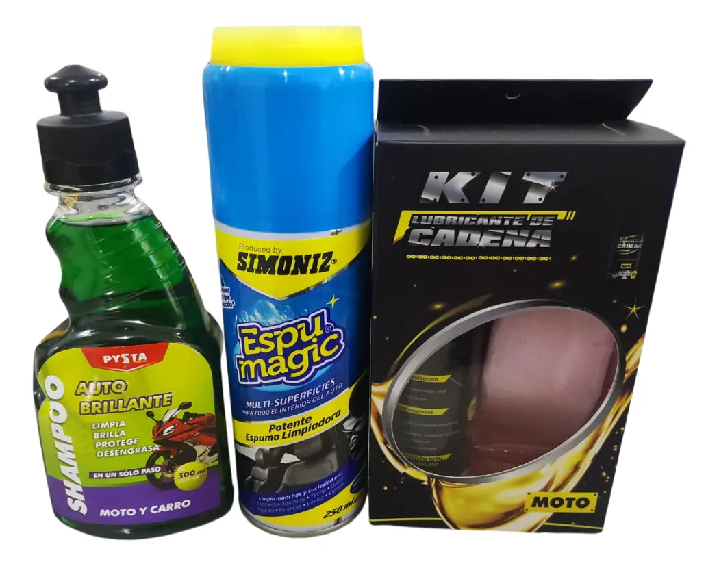 Combo Limpieza Manteniendo Moto Automovil Shampoo Lubricante