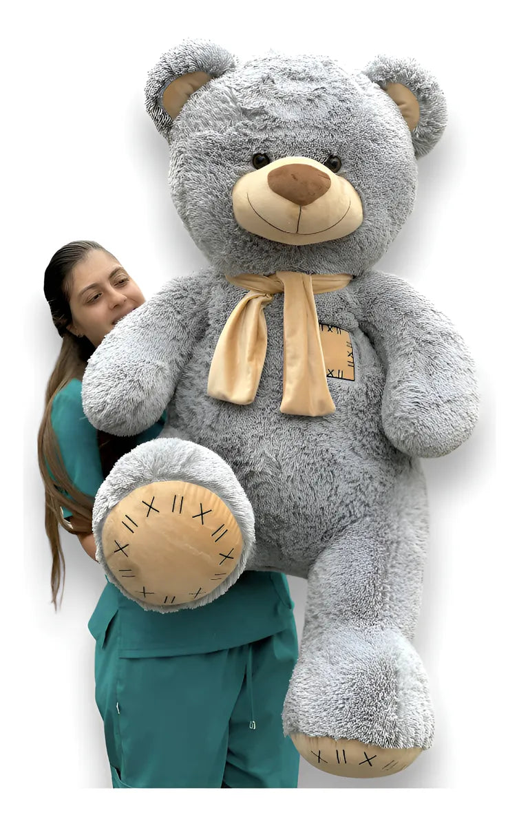 Oso De Peluche Gigante 1,50m + Moño + 3 Globos Gris