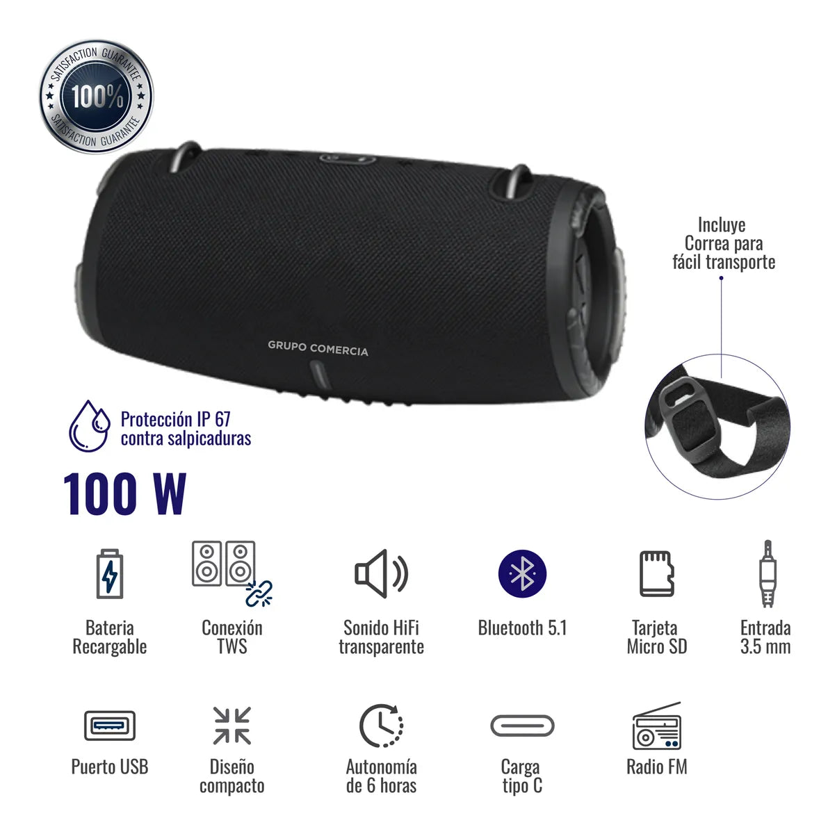 Parlante Xtreme Bluetooth Recargable Usb Mp3 Tws Potente Negro