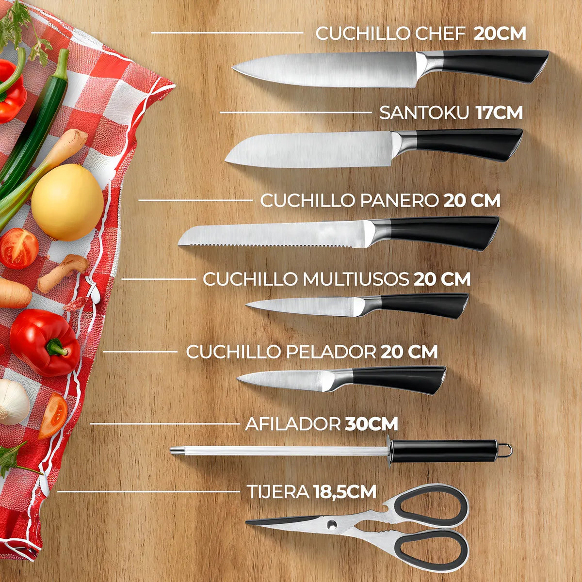 Set de cuchillos de cocina 8 piezas con soporte giratorio hojas de acero inoxidable y mangos ergonómicos color negro Chef Master 807602