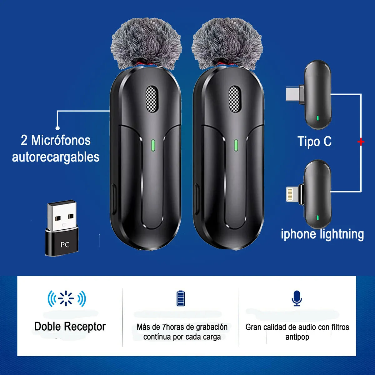 Micrófono Inalambrico De Solapa Tipo C Iphone Y PC Con Estuche De Carga Doble Receptor y Cancelación de Ruido y Antipop Vimai M8C-2 Negro