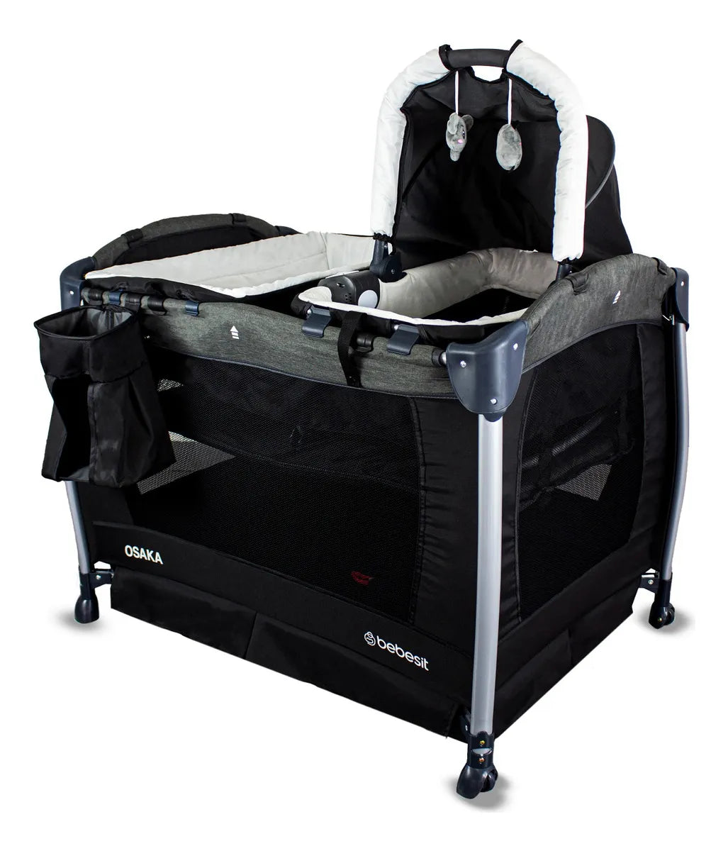 Cuna Corral Bebe + Mosquitero Mecedora y Organizado Negro Bebesit Premium