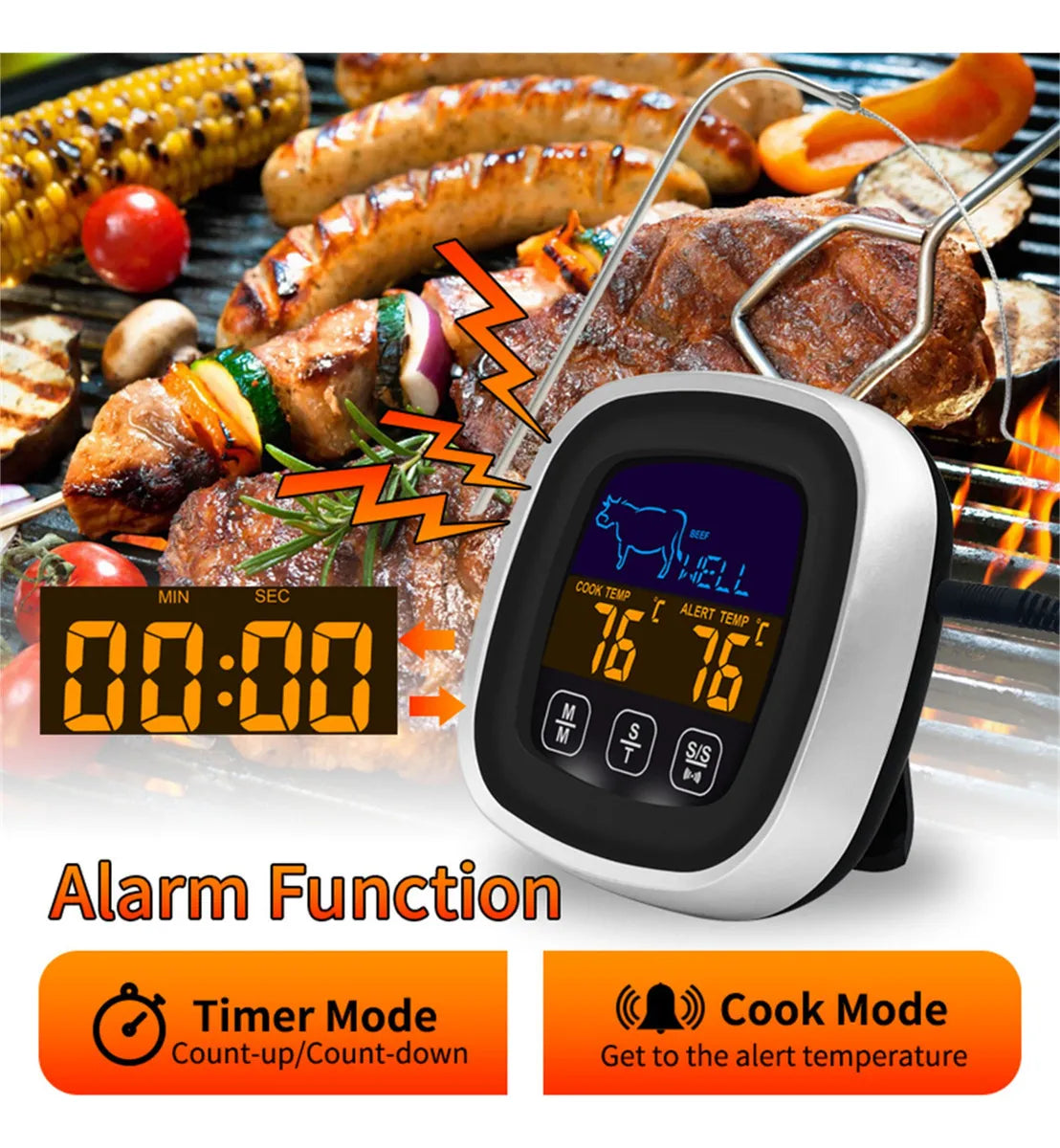 Termómetro Digital Carne Pantalla Táctil Lcd, Temporizador