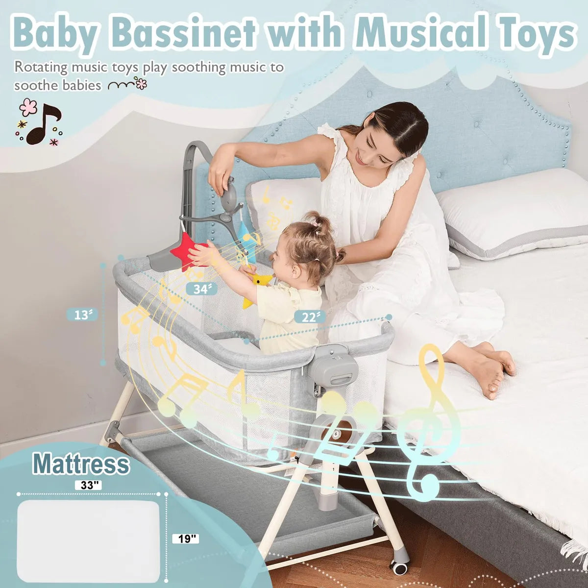 Cuna Mecedora 3 En 1 Con Juguetes Musicales Y Ruedas Gris