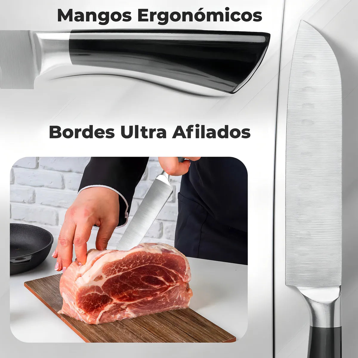 Set de cuchillos de cocina 8 piezas con soporte giratorio hojas de acero inoxidable y mangos ergonómicos color negro Chef Master 807602