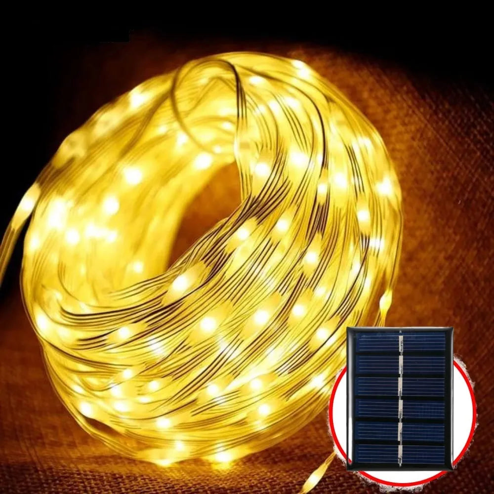 Alambre De Luz Led Navideña Recargable Con Panel Solar 100 Amarillo