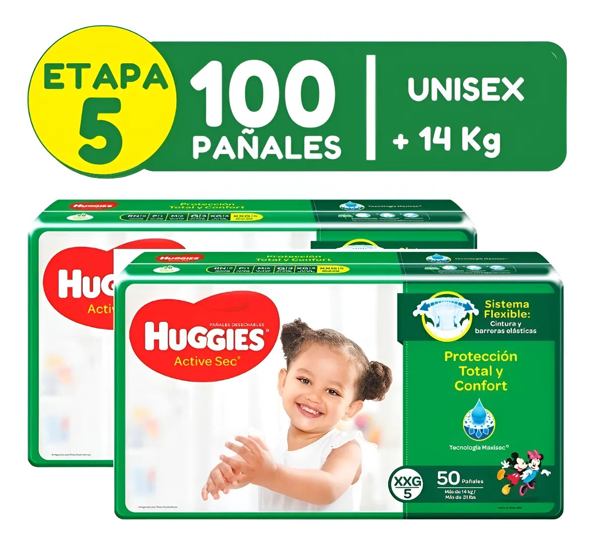 100 Pañales Huggies Etapa 5. Active Sec Etapa 5 Xxg Etapa 3/g Sin Género