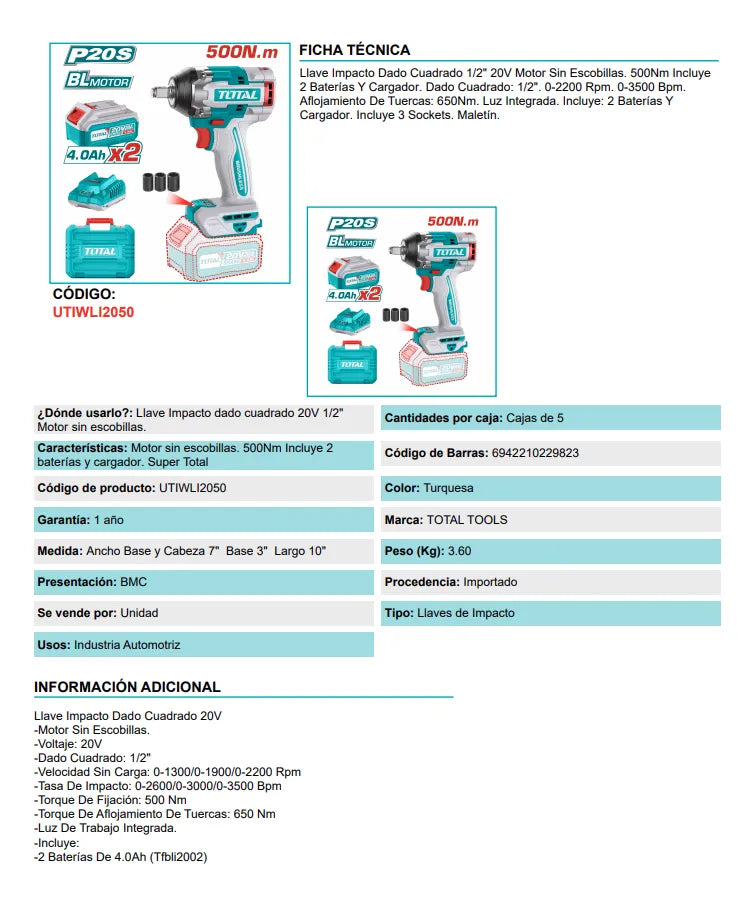 Atornillador De Impacto Industrial 1/2 2b 4.0a 500nm Total Turquesa 50 Hz/60 Hz