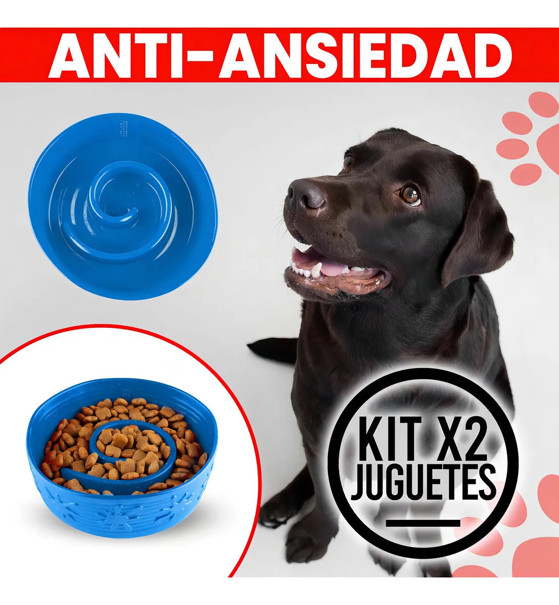 2 Platos Comedero Anti-ansiedad Para Perros Comer Lento Goma Color Azul y Rojo