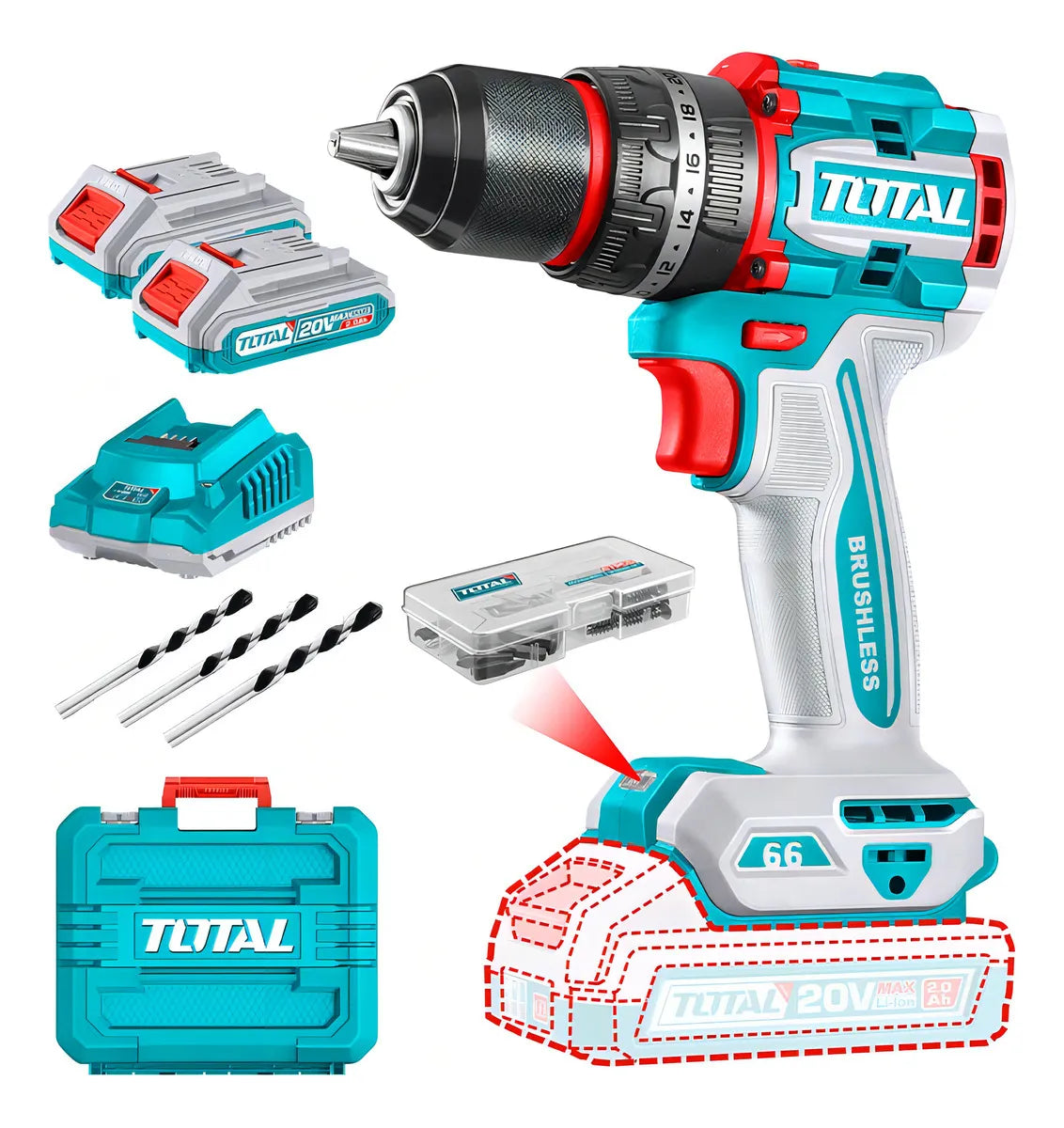 Taladro Percutor Bl 13mm 66nm + 2 Bat 2ah + Car + 47acc Total Tools Color Turquesa Frecuencia 50 Hz/60 Hz Tidli20668