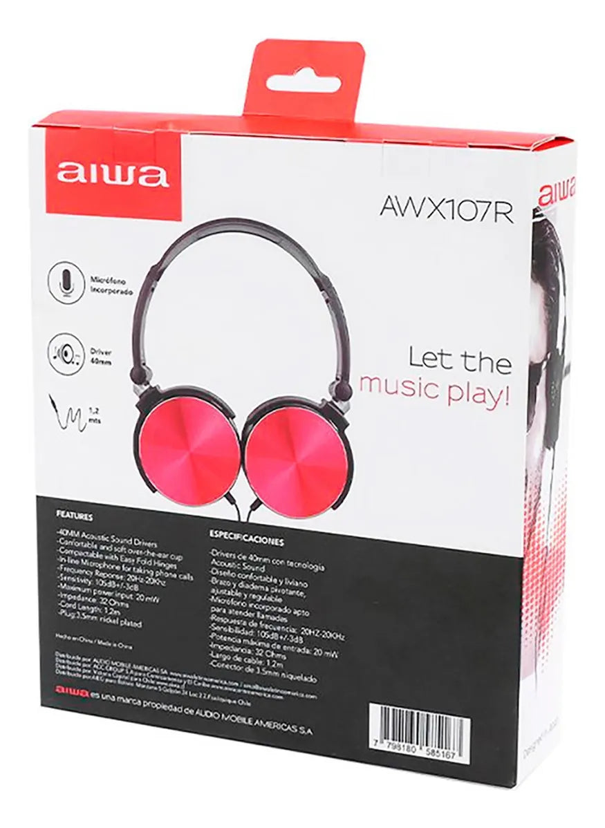 Audifonos Diadema Manos Libres Estereo Aiwa Aw X107r Rojo