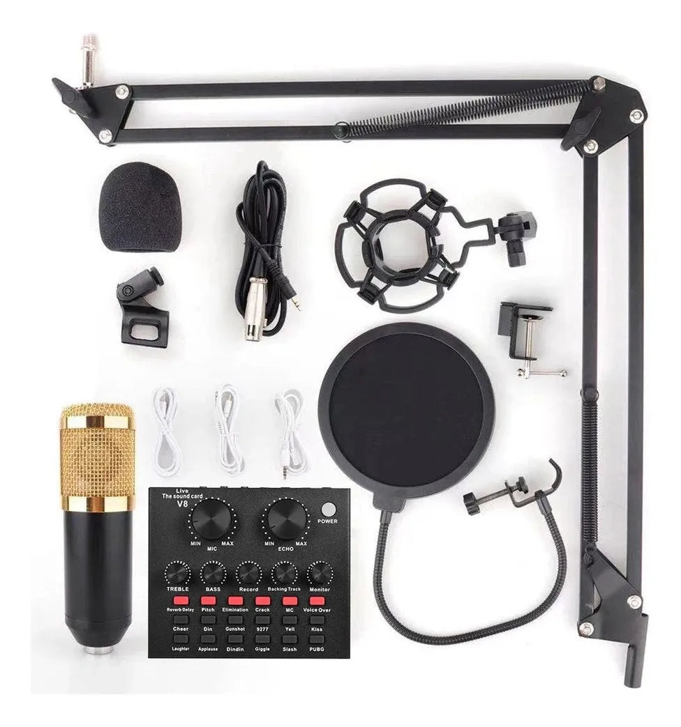 Kit Micrófono Profesional De Condensador + Tarjeta Sonido V8 Negro