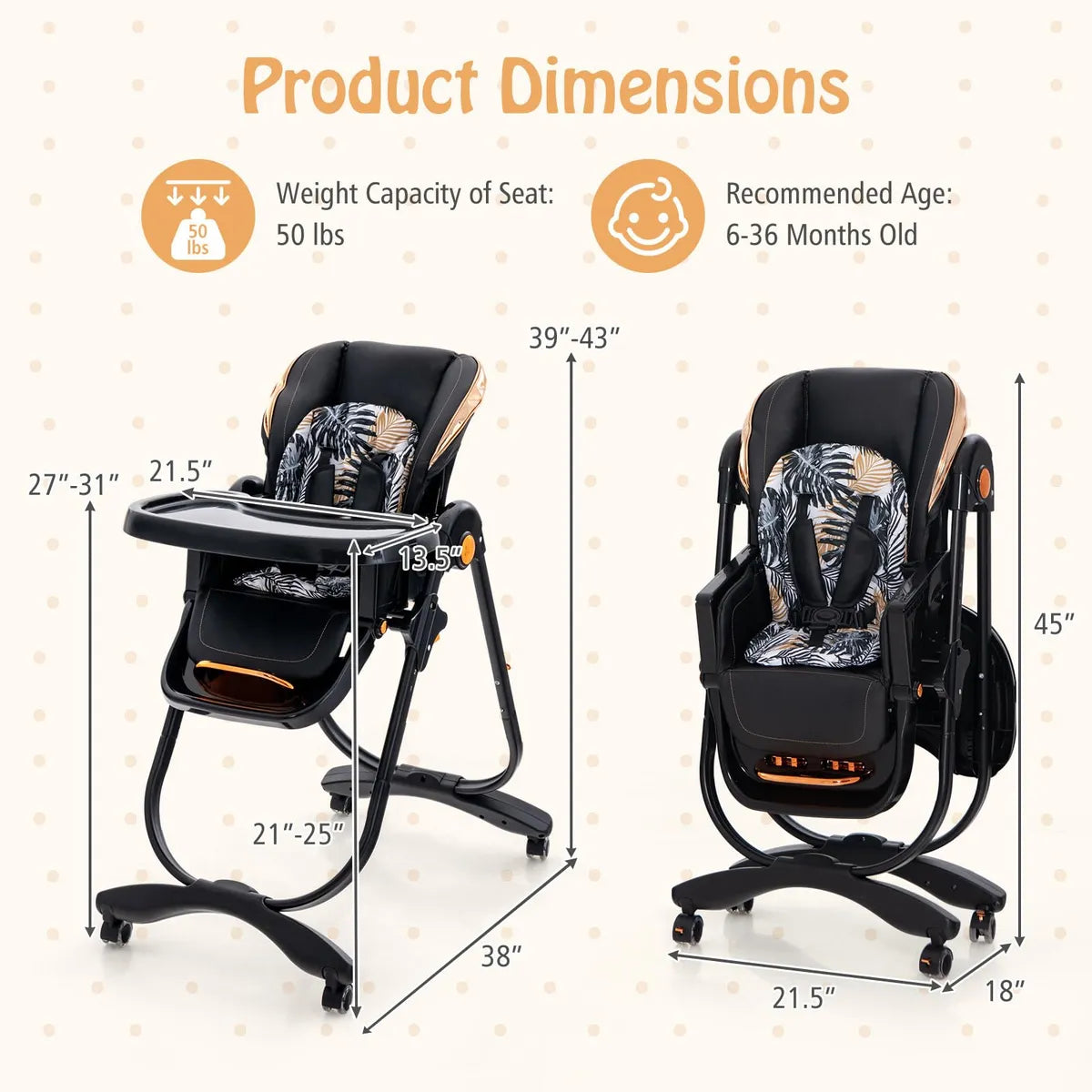 Silla Alta Plegable Ajustable Con Ruedas Para Bebés Negro