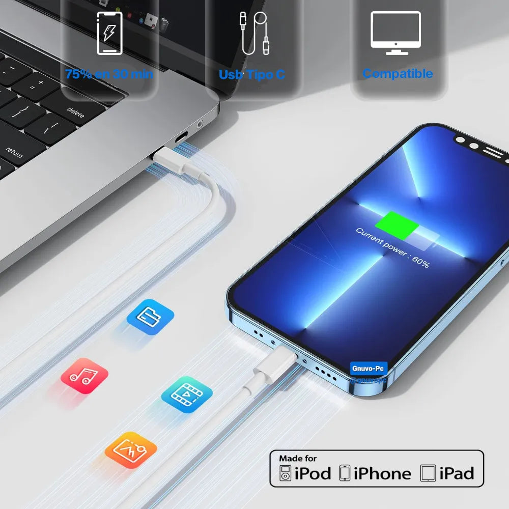 Cargador Rapido Certificado Mfi 20w 2 Metros Para Iphone 14 Blanco