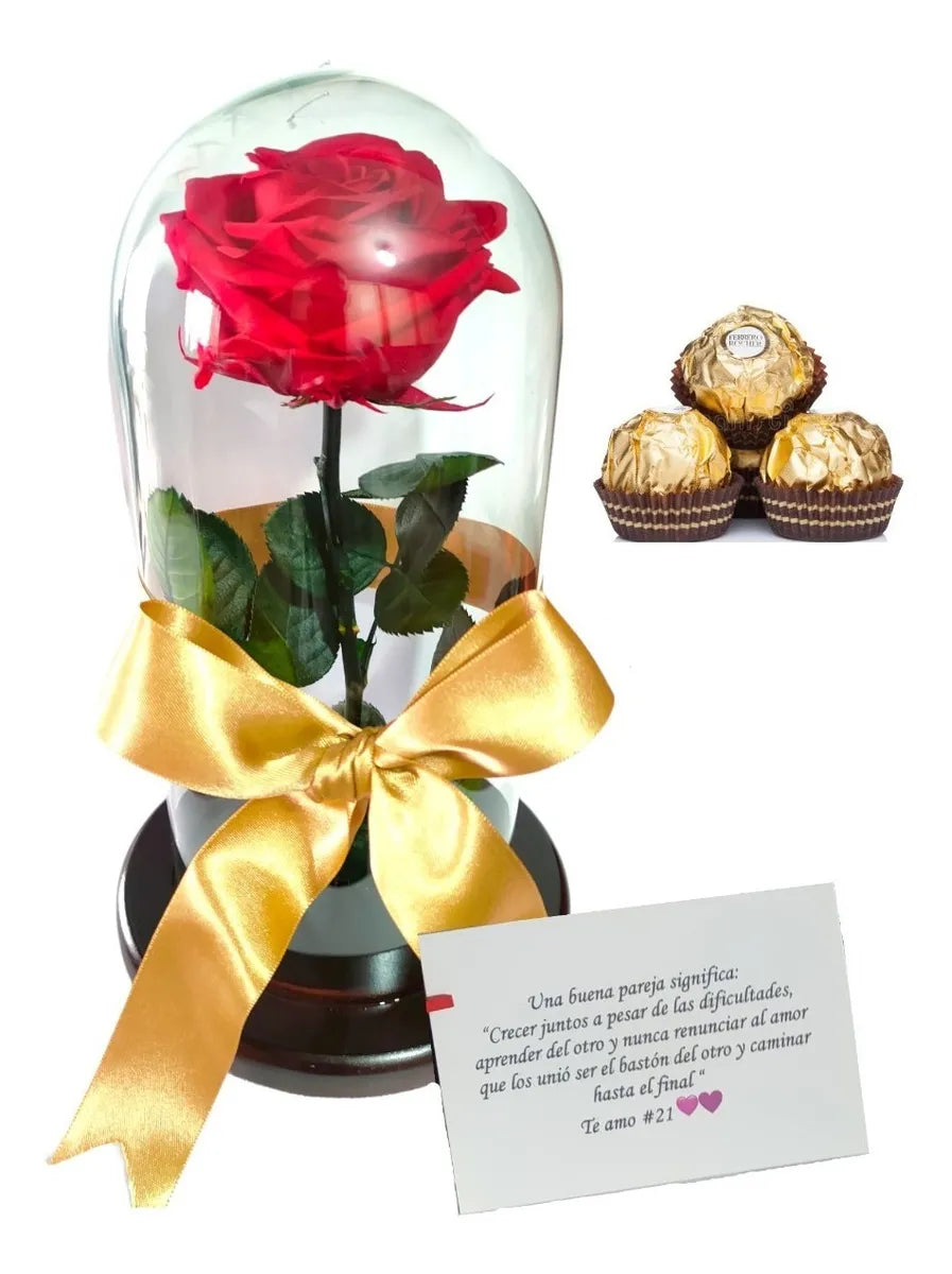 Rosa Preservada Regalo Cúpula Vidrio Color Rojo + Tarjeta - Todos