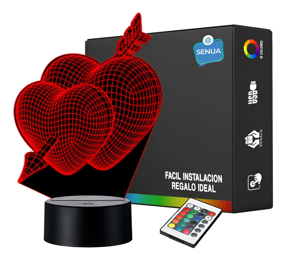 Lámpara De Noche Led 3d Corazones Regalo Pareja Holograma Negro