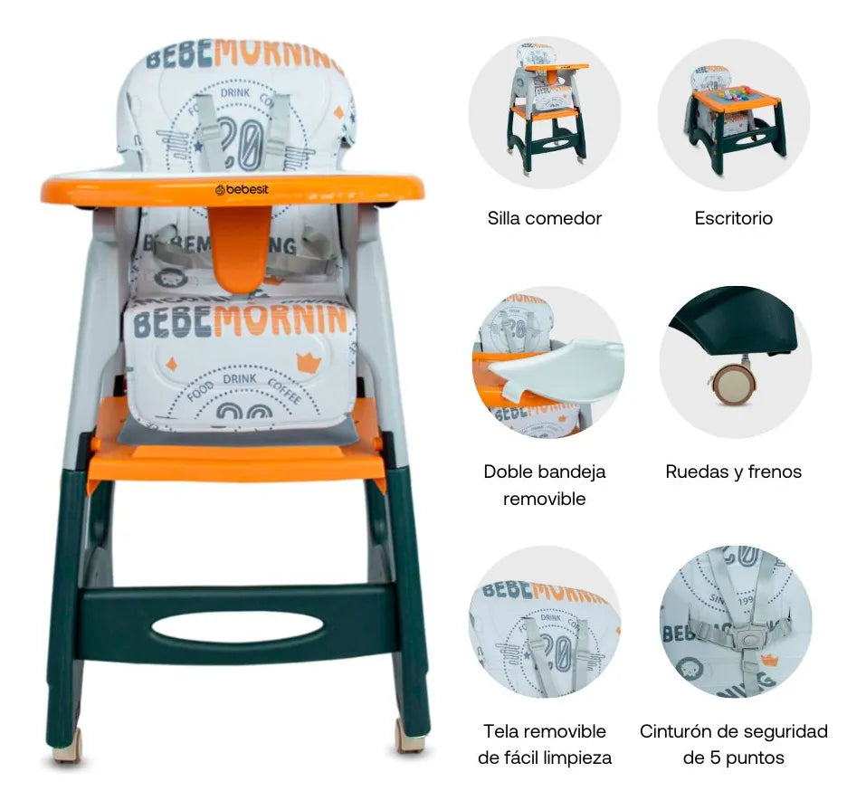 Silla Comedor Bebe 3 En 1 Comedor Escritorio Niños Color Blanco/Azul Niño
