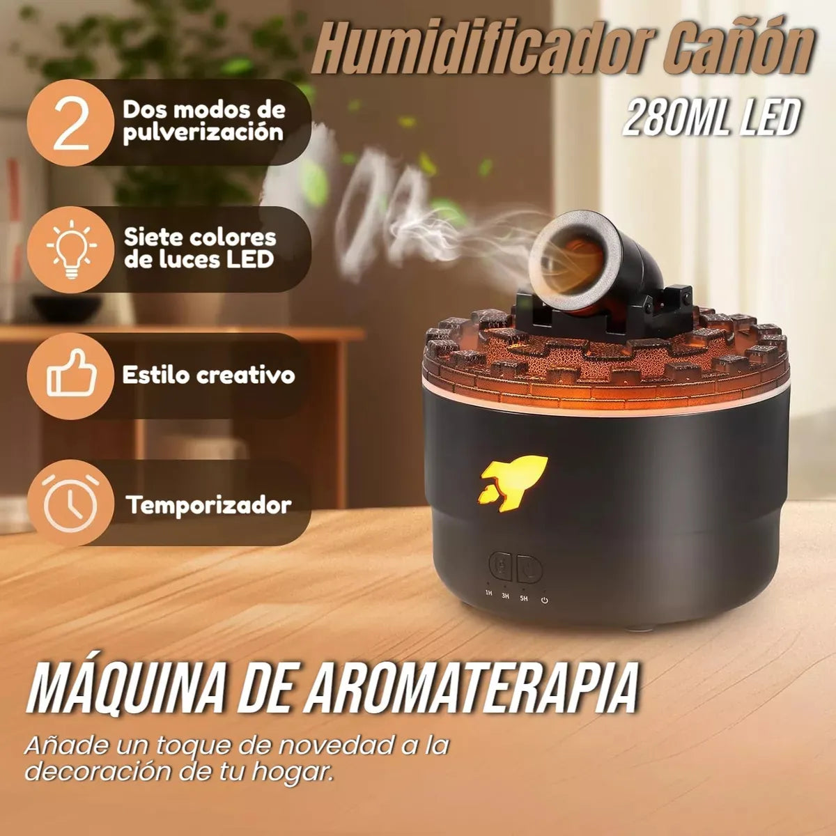 Humificador Difusor De Aromas Olores Cañon Lava Aros Luz Led - Negro