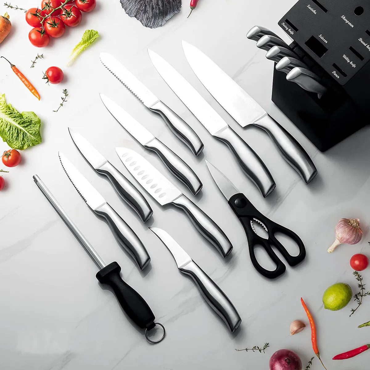 Juego Cuchillos Cocina Set 15 Piezas Acero Base De Madera