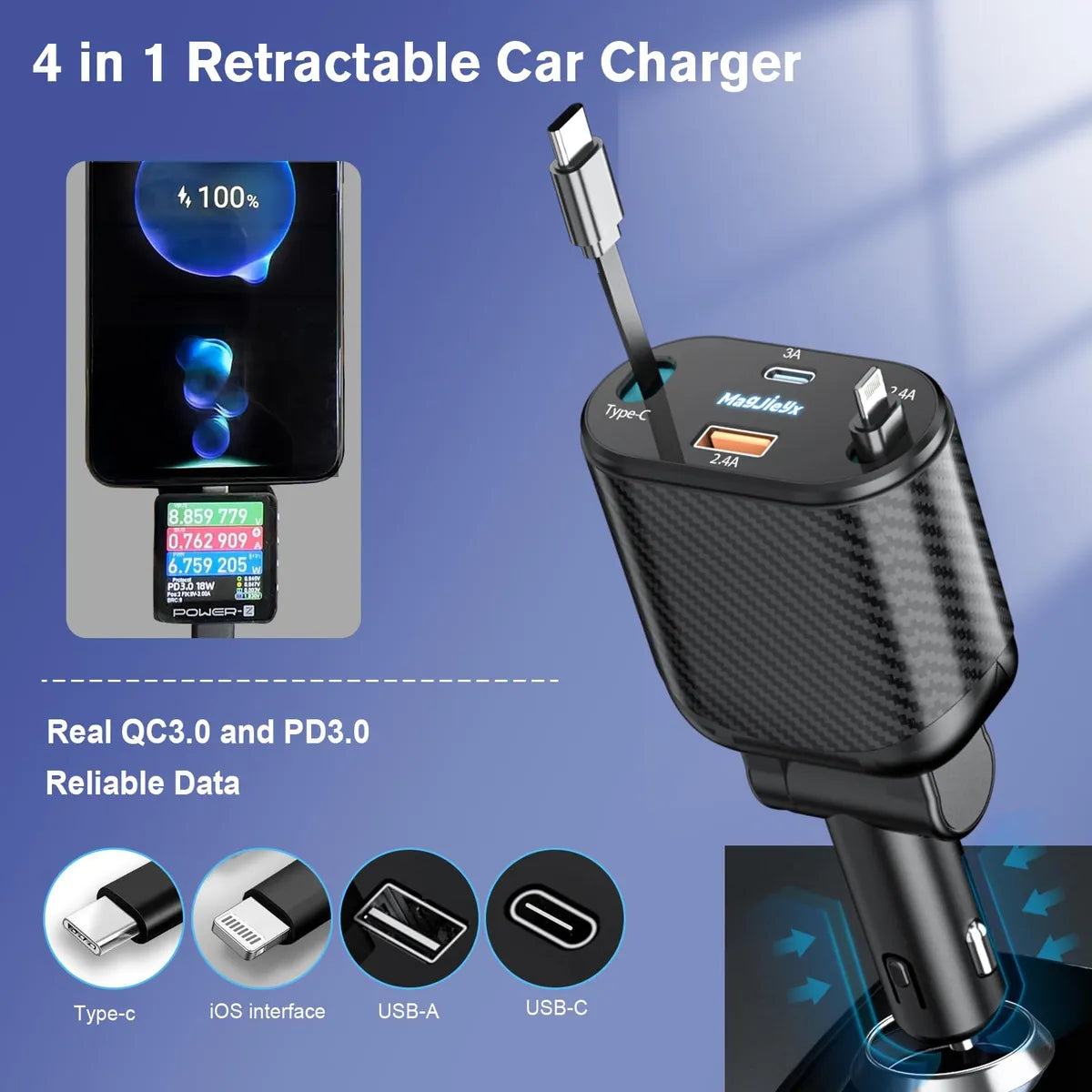 Magjieyx Cargador Retractil De Coche Para Todos Los Telefono