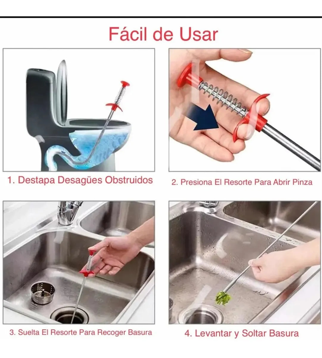 Sonda Destapa Cañería Lavamanos, Baños, Tinas, Duchas 85cms