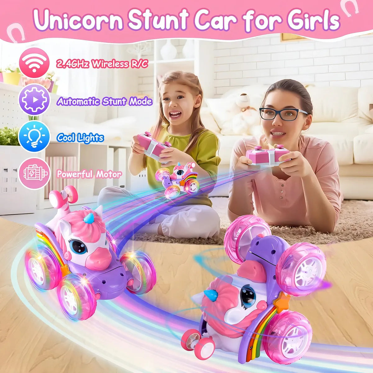 Carro a Control Remoto Macrooutlet Modelo Unicornio Y Tiburón Fucsia Luces y Sonidos