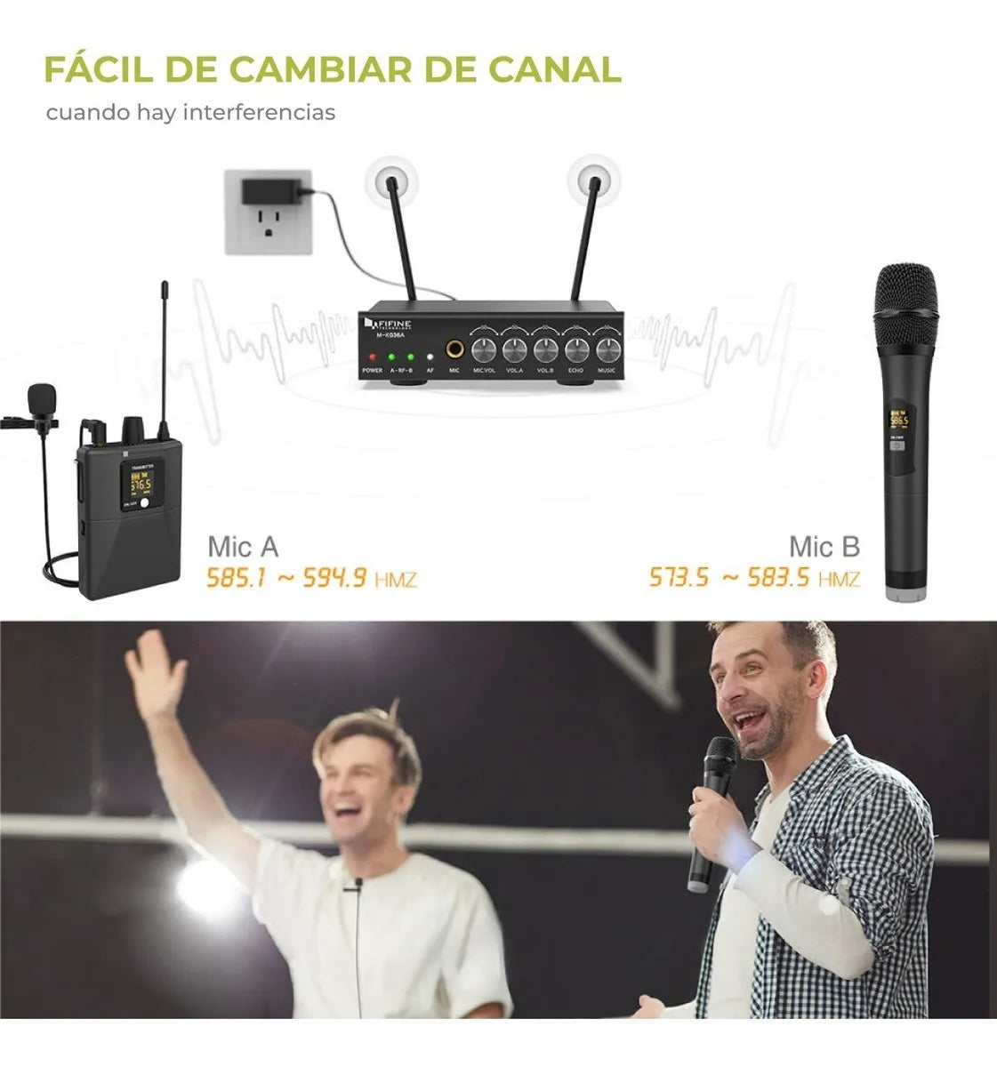Sistema de micrófono UHF con doble cable Fifine K036, color negro